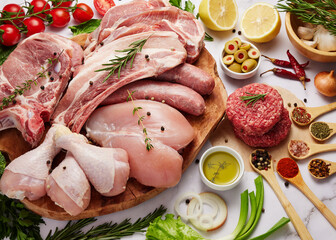 Fresh Meat Food background. Pork meat, ribs, beef steak burger, chicken fillet and nuggets with herbs, vegetables and spices isolated on white background. Raw Meats Panorama banner.