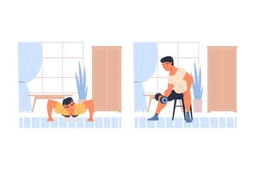 Man Character Doing Sport at Home in Plank and Dumbbell Vector Set