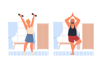 Man Character Doing Sport at Home with Dumbbell and Standing in Yoga Asana Vector Set