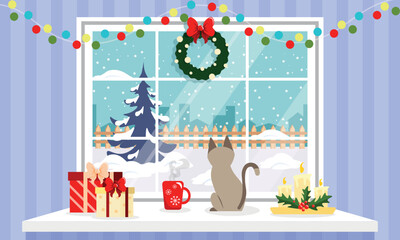 Vector illustration of modern interior New Years window sill. Cartoon interior with New Year's gifts, cup of cocoa, cat, candles, Christmas wreath, garlands and window to the winter street.