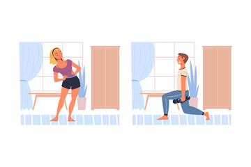 Man and Woman Character Doing Sport at Home Vector Set