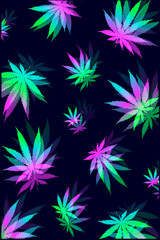vector pattern of marijuana leaves in neon colors on a dark background, background wallpaper with cannabis, bright hallucinogenic effect