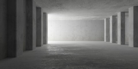 Abstract large, empty, modern concrete room, pillars on the left and right wall, light from back and rough floor - industrial interior background template