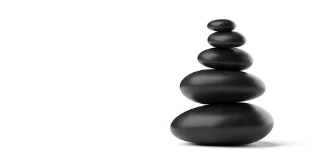 Stack of black zen pebbles or stones on white background with copy space, 3D illustration, zen, spa or beauty therapy concept
