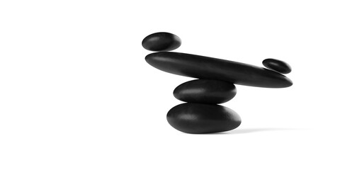 Balancing scale stack of black zen pebbles or stones on white background with copy space, 3D illustration, zen, spa or beauty therapy concept