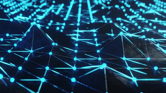 Abstract Neon Light. Blue high tech field with glow particles form lines and surface waves. Hi-tech information flow, blockchain, bigdata visualization.