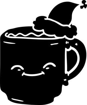 Hand Drawn Line Drawing Of A Coffee Mug Wearing Santa Hat