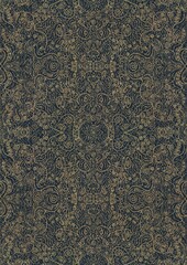 Hand-drawn unique abstract symmetrical seamless gold ornament with golden glittery splatter on a deep blue background. Paper texture. Digital artwork, A4. (pattern: p06d)