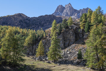 View of the scenic Valee de la Claree in the French Alps with Massif de Cerces mountains on either side of the valley, near Briancon, France