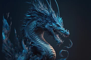 Fotobehang Epic blue dragon character portrait isolated on dark background © Henry Letham
