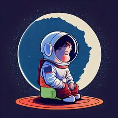 Fototapeta premium A young astronaut child sitting in deep thought, contemplating their next mission into outer space.