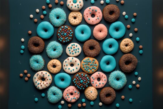 Flat lay image of colorful donuts