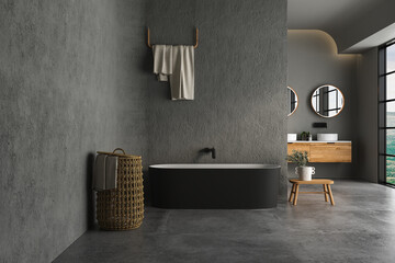 Modern bathroom interior with concrete floor, black oval bathtub and double sink, plant and mountain view from windows. Minimalist bathroom with modern furniture. 3D rendering
