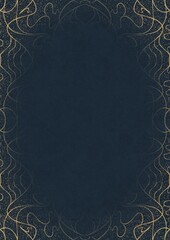 Deep blue textured paper with vignette of golden hand-drawn pattern with golden glittery splatter. Copy space. Digital artwork, A4. (pattern: p02-1d)