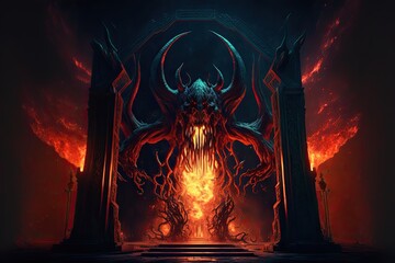Demon watches over the gate portal to hell - obrazy, fototapety, plakaty