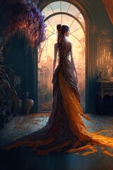 Beautiful tall and slim woman in fabulous dress. Ancient fantasy scene.