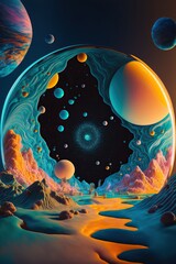 Obraz na płótnie Canvas Surreal colorful science fiction background with planets and space landscape.