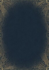 Deep blue textured paper with vignette of golden hand-drawn pattern with golden glittery splatter. Copy space. Digital artwork, A4. (pattern: p05d)