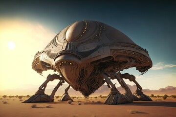 Future mecha spaceship has landed in the desert - obrazy, fototapety, plakaty