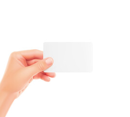 Obraz premium Hand holds out a business card. Vector illustration isolated on a white background. Can be used to present your product. EPS10.