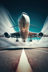 Airplane takeoff landing runway long exposure motion blur. - obrazy, fototapety, plakaty