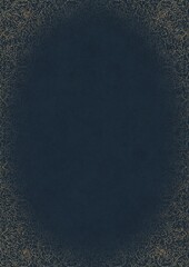 Deep blue textured paper with vignette of golden hand-drawn pattern with golden glittery splatter. Copy space. Digital artwork, A4. (pattern: p07-1e)