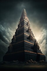Epic Tower of Babel concept with dramatic lighting