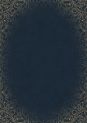 Deep blue textured paper with vignette of golden hand-drawn pattern with golden glittery splatter. Copy space. Digital artwork, A4. (pattern: p07-2d)