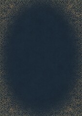 Deep blue textured paper with vignette of golden hand-drawn pattern with golden glittery splatter. Copy space. Digital artwork, A4. (pattern: p07-2e)