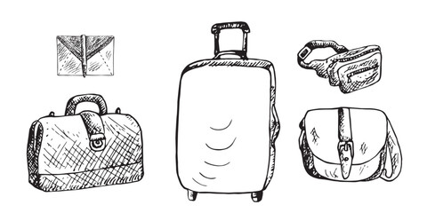 Clutch (envelope), Doctors bag, Suitcase, Fanny (Belt) Pack and saddle bag, isolated hand drawn black and white outline doodle, sketch, bags set collection illustration - 549560925