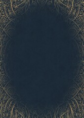 Deep blue textured paper with vignette of golden hand-drawn pattern with golden glittery splatter. Copy space. Digital artwork, A4. (pattern: p08-2d)