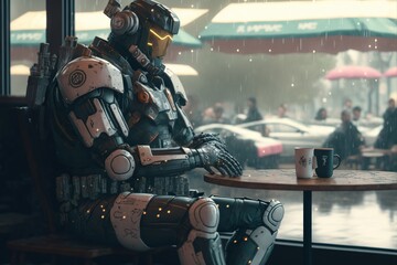 Futuristic sci-fi mecha solder sits by coffe shop window.