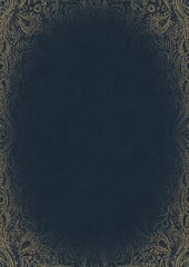 Deep blue textured paper with vignette of golden hand-drawn pattern with golden glittery splatter. Copy space. Digital artwork, A4. (pattern: p09d)