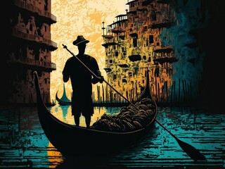 Mixed media, digital acrylic painting of Venice gondolier silhouette - obrazy, fototapety, plakaty