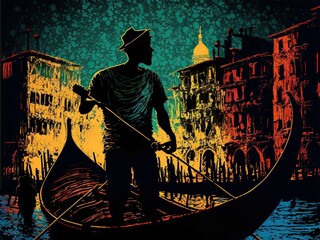 Mixed media, digital acrylic painting of Venice gondolier silhouette - obrazy, fototapety, plakaty