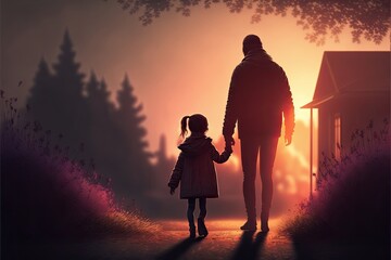 Silhouette art of dad and child daughter walking in the sunset - obrazy, fototapety, plakaty