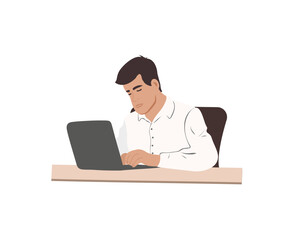  business man sits at a table with a laptop and reads a document at the table, looks through documents, pays bills and reads a letter. Flat vector illustration.
