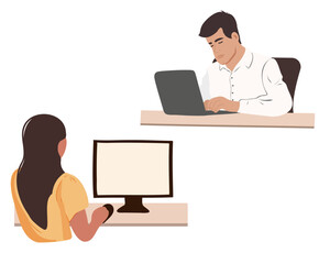 A young woman and a man are sitting at a table with a computer and reading a document at the table, looking through documents, paying bills and reading a letter. Flat vector illustration.