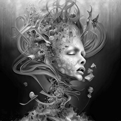 Fototapeta premium surreal monochrome portrait of skinny young white woman - Generative AI