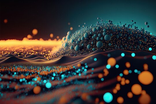 Dots On 3D Wave Landscape. Connection Through Technology Background Concept. Digital World, Virtual Reality, Cyberspace, Metaverse Concept. Data Science And Digital Particles.