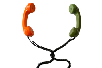 Two receivers of old retro phones with cables and copy space between them for hotline text isolated on transparency  photo png file