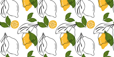 Lemons whole and sliced ​​seamless pattern. Hand drawing. Beautiful vector seamless pattern with citrus fruits. Doodle. Suitable for wallpaper, web page background, surface textures, textile.