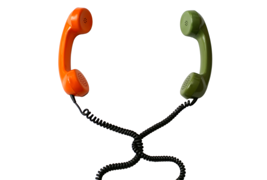 Two receivers of old retro phones with cables and copy space between them for hotline text isolated on transparency  photo png file