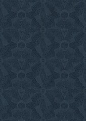 Hand-drawn unique abstract symmetrical seamless ornament. Light blue on a deep blue background. Paper texture. Digital artwork, A4. (pattern: p05e)