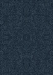 Hand-drawn unique abstract symmetrical seamless ornament. Light blue on a deep blue background. Paper texture. Digital artwork, A4. (pattern: p06d)