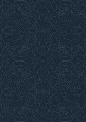 Hand-drawn unique abstract symmetrical seamless ornament. Light blue on a deep blue background. Paper texture. Digital artwork, A4. (pattern: p07-1d)