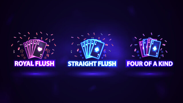 Neon poker hand rankings signs. Pink and blue shine neon casino playing cards