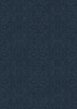 Hand-drawn unique abstract symmetrical seamless ornament. Light blue on a deep blue background. Paper texture. Digital artwork, A4. (pattern: p06e)