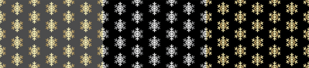 Fototapeta na wymiar Christmas seamless pattern with gold and silver snowflakes for wrapping paper, cover design, postcard, poster, flyers, card. Vector set on black and grey background. Luxury Christmas winter ornament.