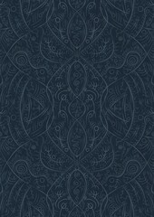 Hand-drawn unique abstract symmetrical seamless ornament. Light blue on a deep blue background. Paper texture. Digital artwork, A4. (pattern: p08-2d)